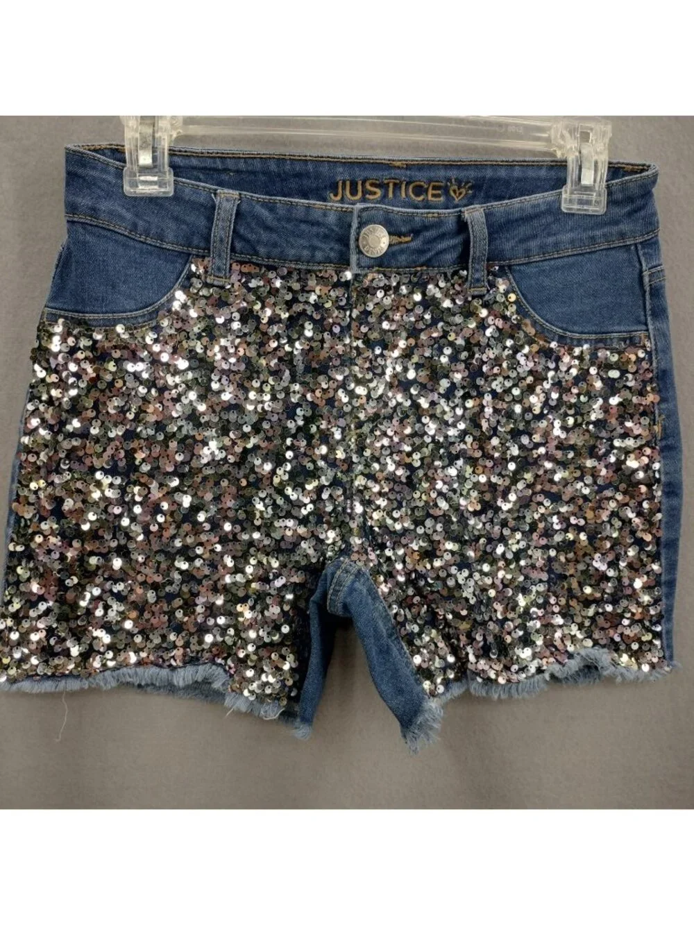 Justice Denim Shorts Girls 16 Midi Blue Colored Sequin Front Frayed Hem 28W 4L
